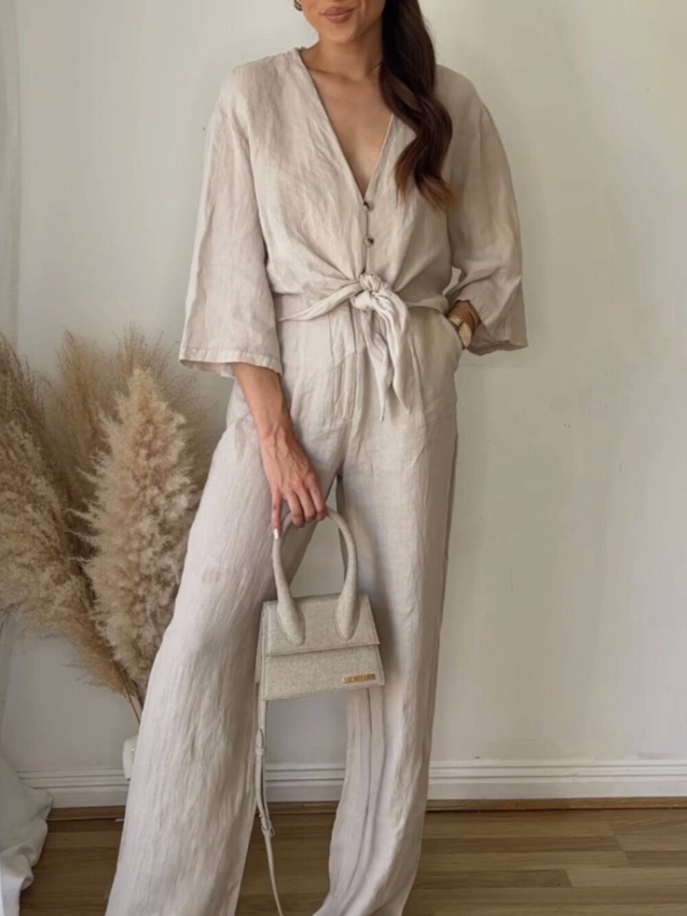Zara Linen Blend Tie Front Bell Sleeve Blouse Beige Size L NWT